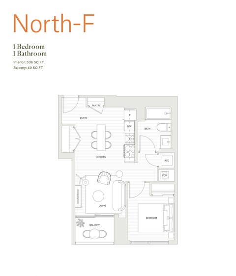 Floor plan for 1 bed, 1 bath, 539 sqft